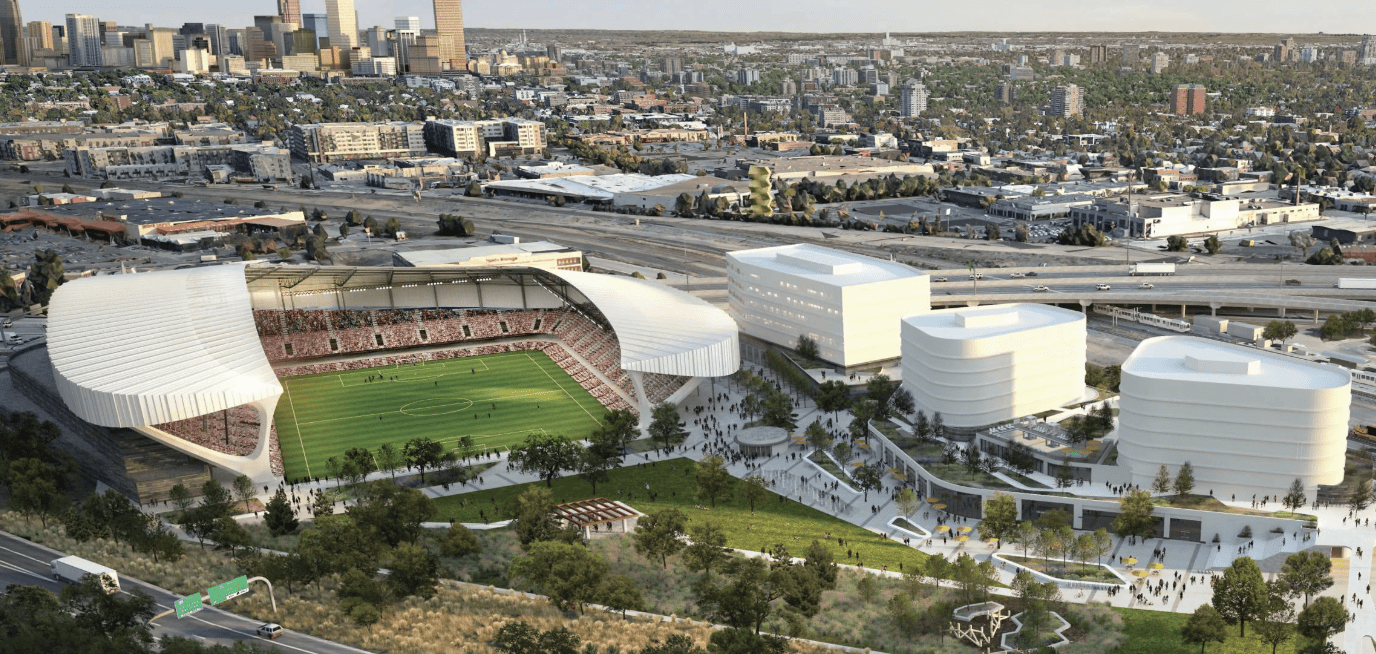 A rendering of the proposed Denver NWSL Stadium in the Baker neighborhood